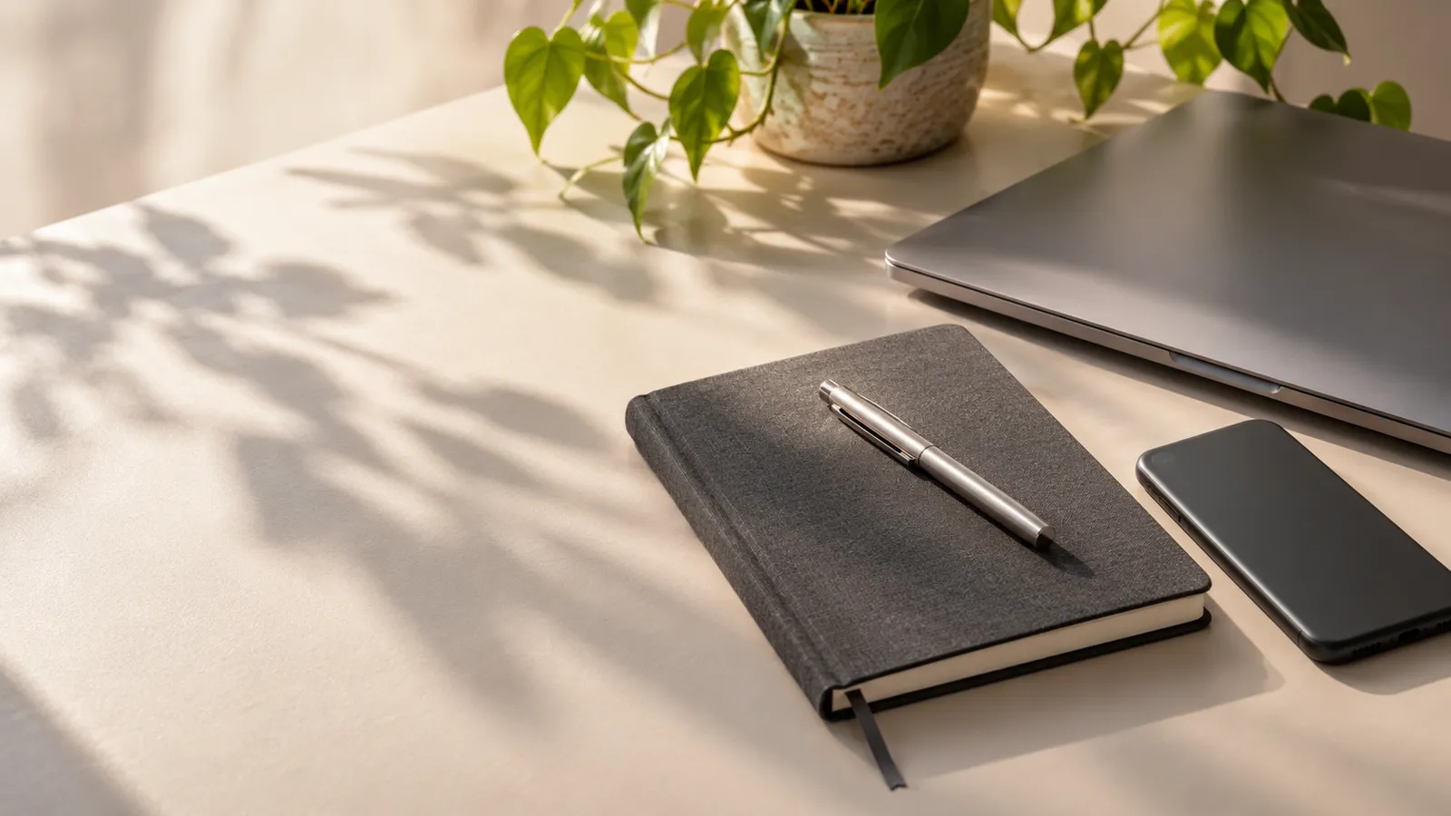 Illustrative privacy workspace with a face-down phone, closed laptop and notebook.