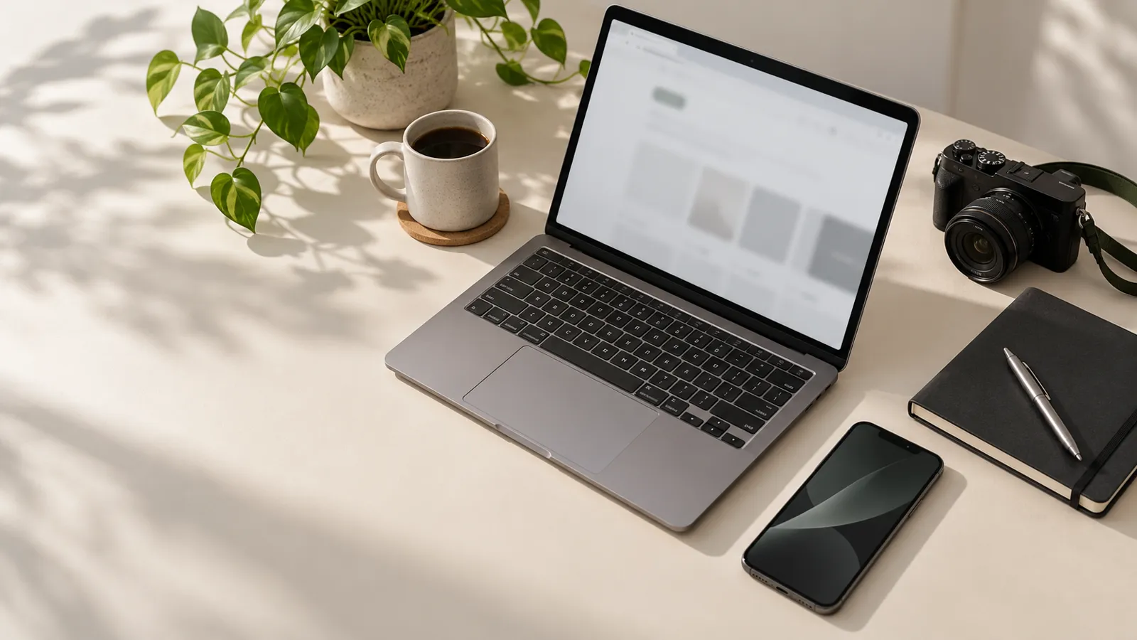 Illustrative research desk with a laptop, phone, camera and notebook.