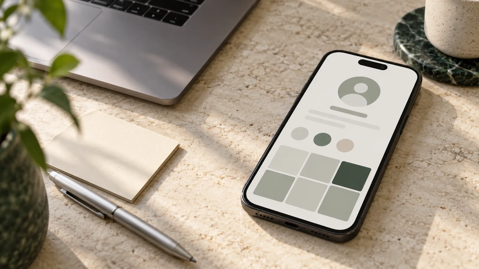 Illustrative smartphone with a generic public-profile layout beside a laptop and notes.